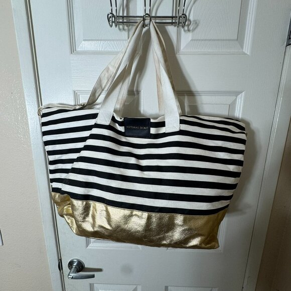 Victoria’s Secret Black White Striped Tote Bag Gold Bottom Large Travel Beach - Picture 1 of 6